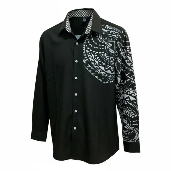 Manfinity Mens Tribal Graphic Print Button Up Shirt Black White Long Sleeve S - Picture 2 of 5